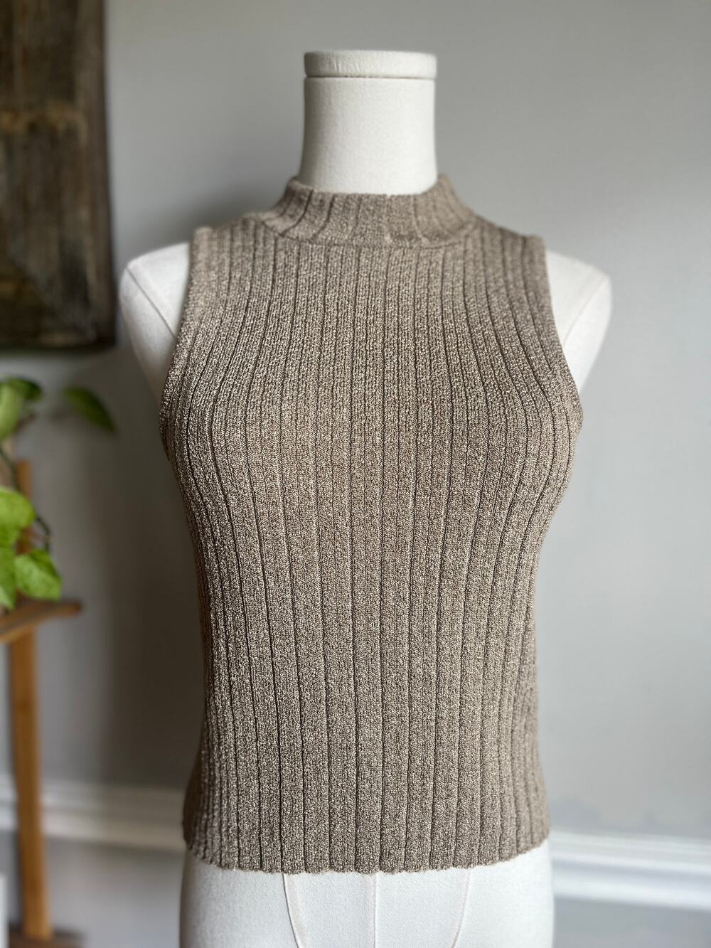 Vintage 90s Gold Metallic Tank Top Mockneck Knit Tan Sleeveless Size Medium